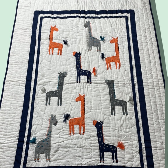 Potter Barn Kids White Navy Gray Orange Giraffe Print Crib Blanket 33” x 47” - Picture 2 of 8